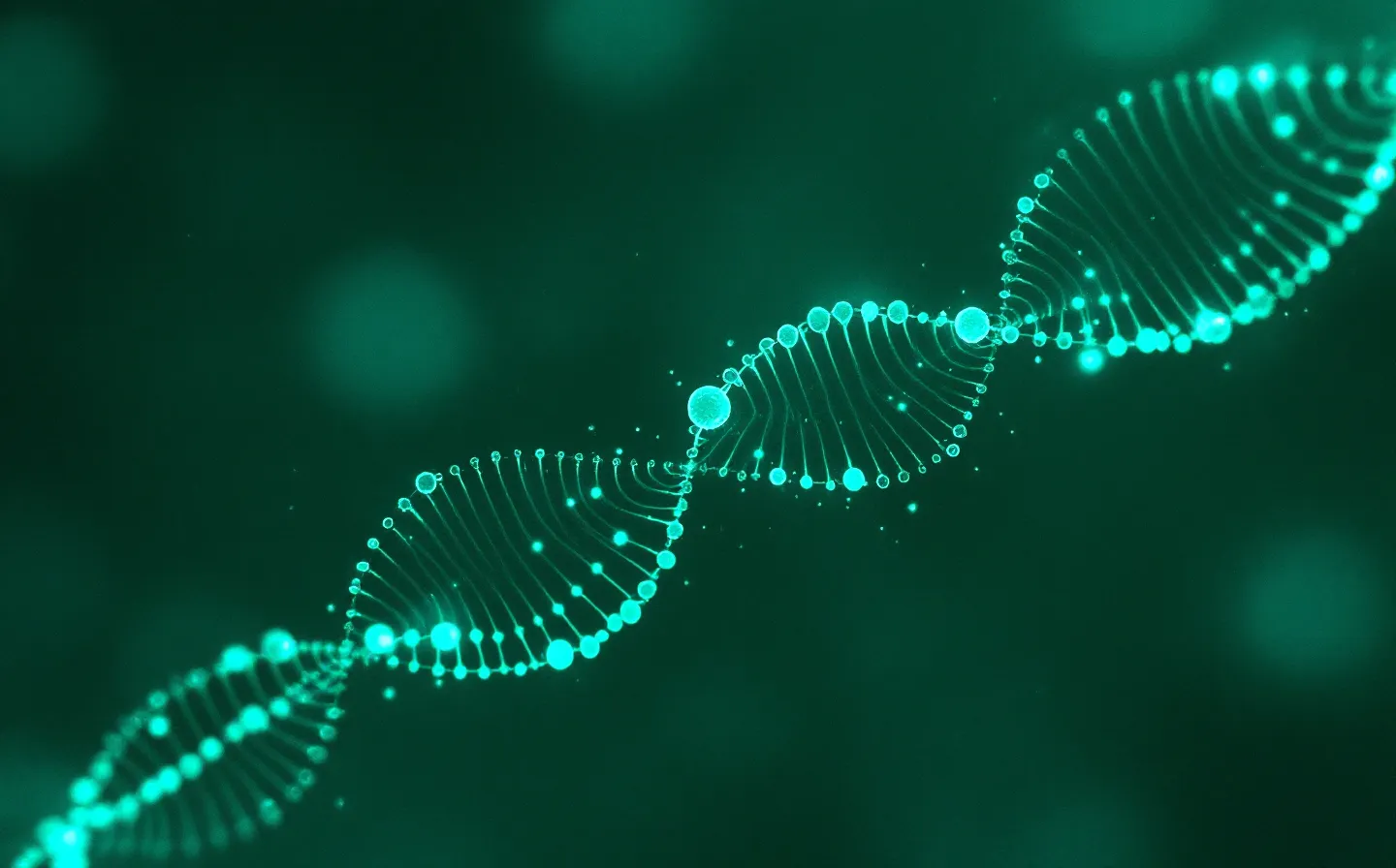 Abstract mint-line illustration of a triple-branched peptide molecule converging on three pathways, on a dark pine ground